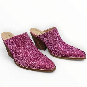 ARIDER GIRL Pink Fuschia Rhinestone Pointed Toe Western Block Heel Mules 7M
